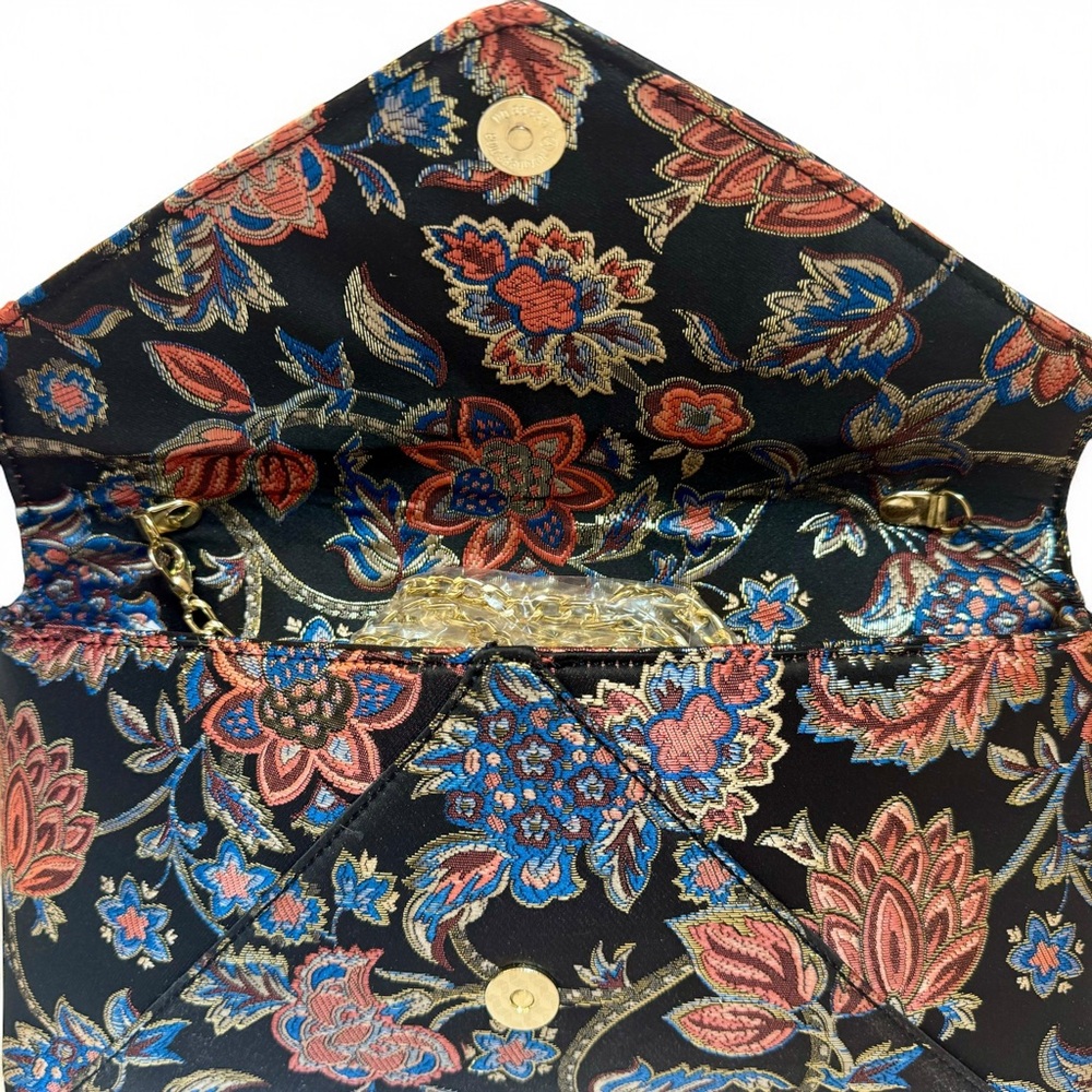 NATURALIZER Embroidered Clutch Purse Black Gold Floral w/ Chain Evening NWT - Picture 9 of 14